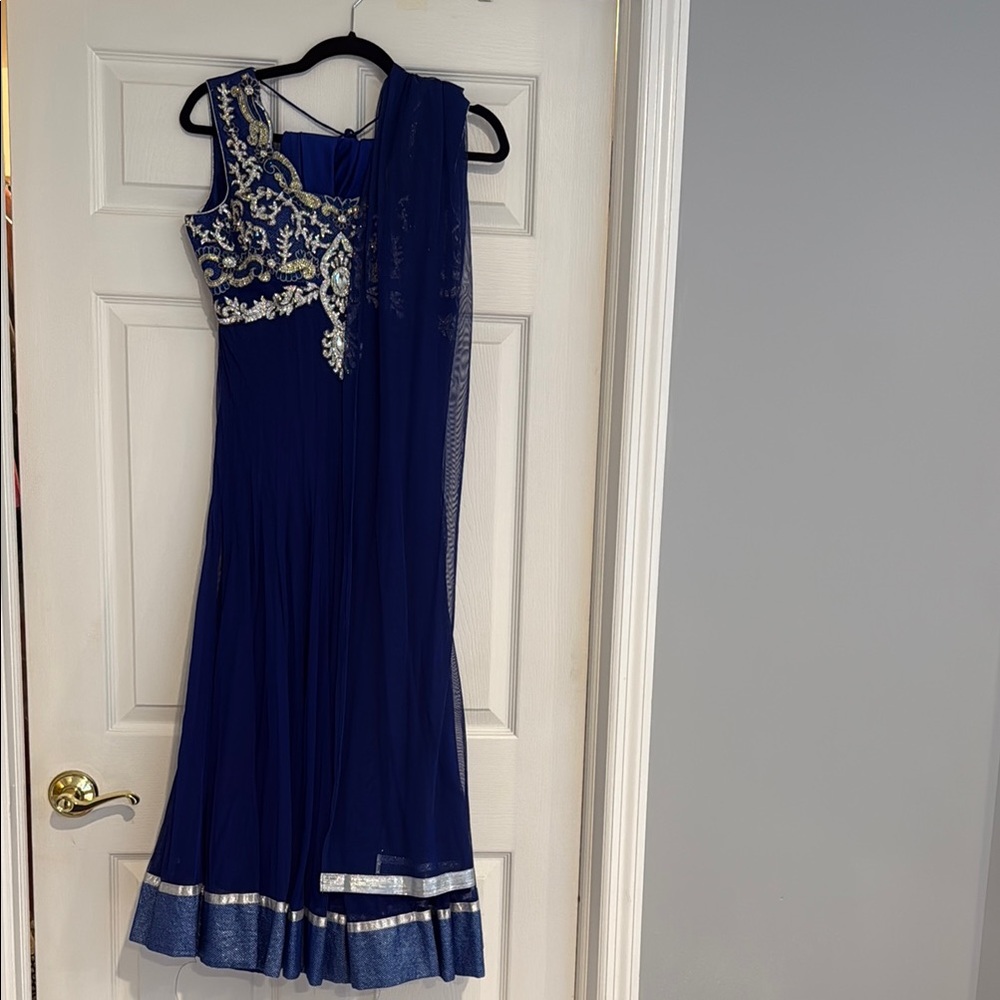 Elegant Blue Sleeveless Anarkali suit with Silver Accents